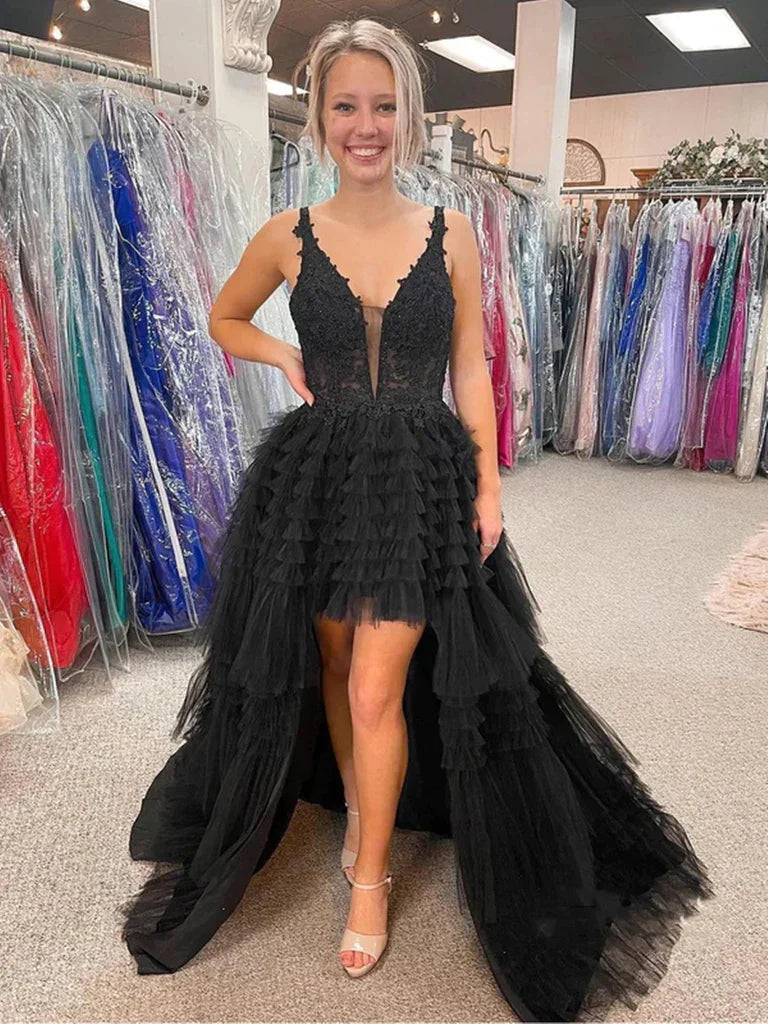 V Neck Backless High Low Beaded Black Lace Long Prom Dresses, Backless Black Formal Dresses, Black Lace Evening Dresses Y1769