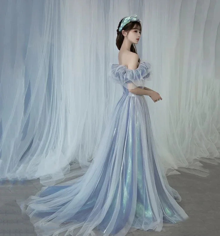 Vestido longo romântico de tule azul em linha A para baile de finalistas vestido de noite Y6572