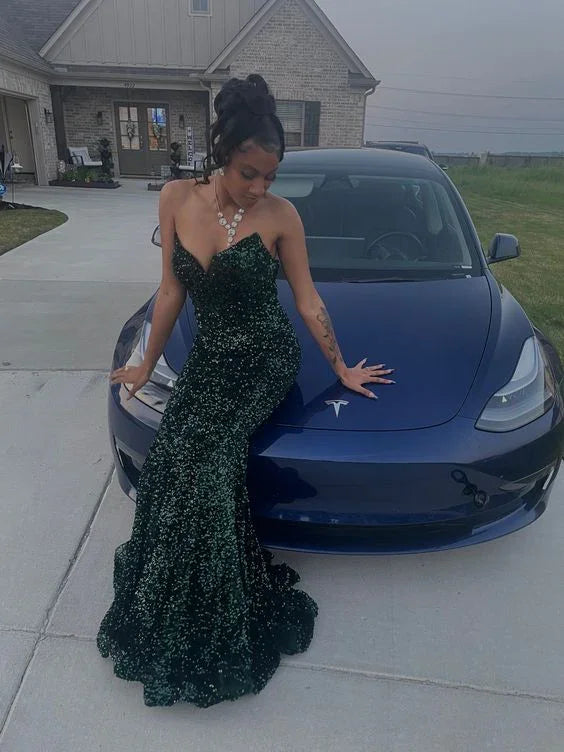 Vestido de Baile Verde de Sereia Sem Alças com Lantejoulas Vestido de Noite Y6511