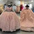 Vestidos cor-de-rosa para Quinceanera com ombros descobertos, flores, apliques de renda, contas, saia rodada, para festa, princesa, doce 16, vestido de baile Y2936