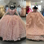 Vestidos cor-de-rosa para Quinceanera com ombros descobertos, flores, apliques de renda, contas, saia rodada, para festa, princesa, doce 16, vestido de baile Y2936