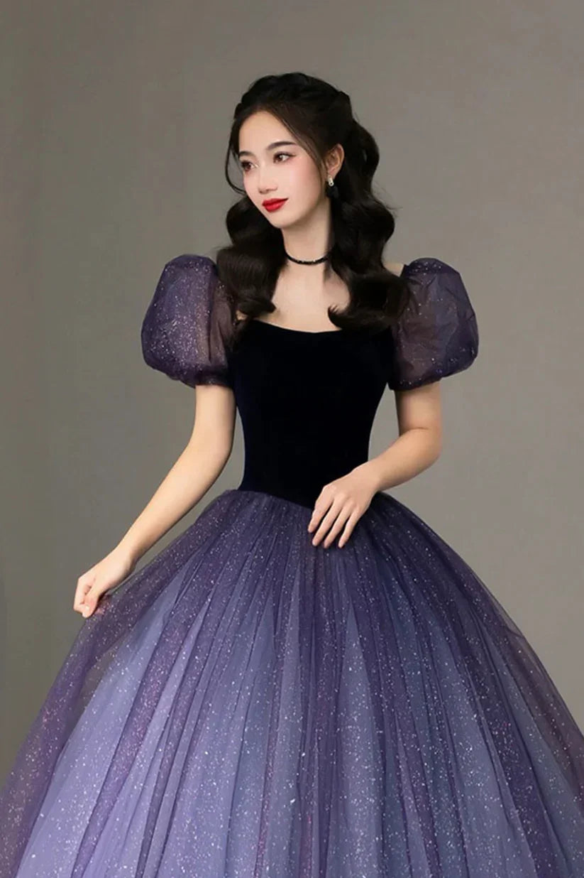 Lila Tüll Kurzarm Festliches Kleid Niedliches A-Linien Abendkleid Y4291