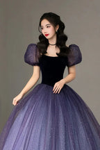 Lila Tüll Kurzarm Festliches Kleid Niedliches A-Linien Abendkleid Y4291