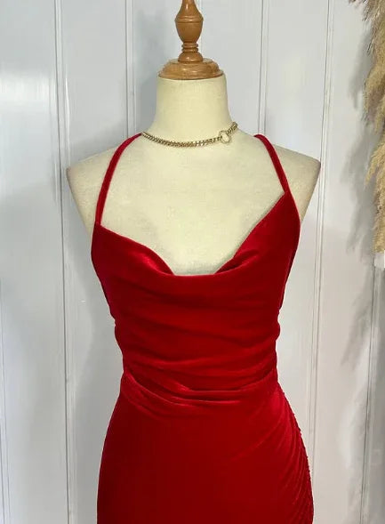Vestido de noche de terciopelo rojo con tirantes finos rojos, estilo sirena, vestido de gala Y7816