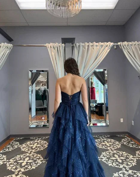 Vestido de noite de tule brilhante com lantejoulas azul marinho vestido de baile linha A Y8146