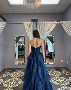 Vestido de noite de tule brilhante com lantejoulas azul marinho vestido de baile linha A Y8146