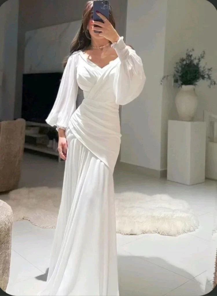 Vestido Longo de Noite Branco Modesto com Mangas Bufantes Sereia Y4074