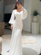 Vestido Longo de Noite Branco Modesto com Mangas Bufantes Sereia Y4074