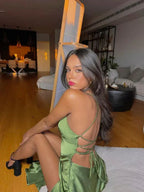 Vestido de Festa Verde com Alças Finas Sensuais, Fenda Longa, Vestido de Noite Y7912