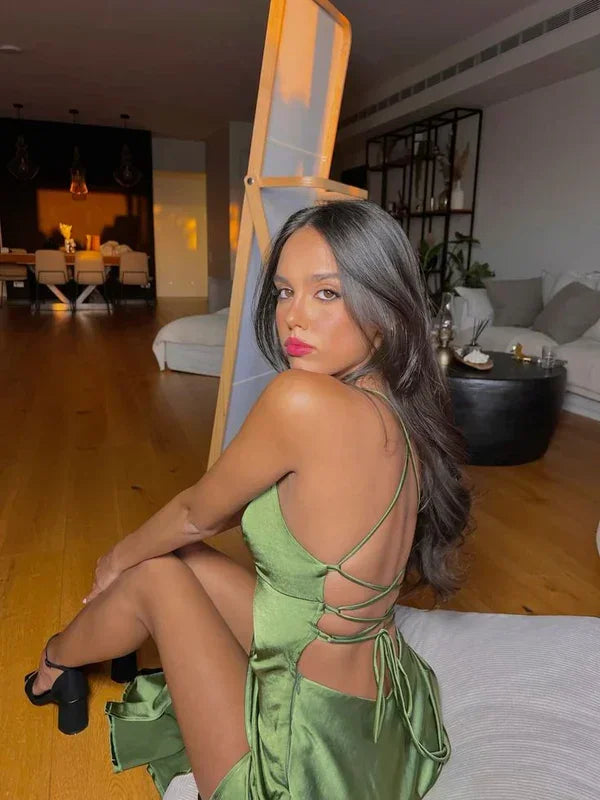 Vestido de Festa Verde com Alças Finas Sensuais, Fenda Longa, Vestido de Noite Y7912