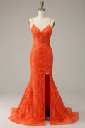 Vestido de fiesta sirena con tirantes finos naranja, encantador vestido de noche Y1760