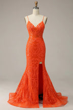 Vestido de fiesta sirena con tirantes finos naranja, encantador vestido de noche Y1760