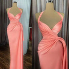 Vestido de fiesta melocotón con pliegues Vestido de fiesta halter Vestido de fiesta de satén Vestido de noche Y6619