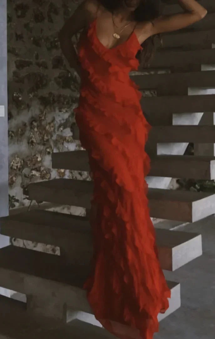 Vestido largo formal de gala con volantes rojos Vestido elegante de noche Y7979