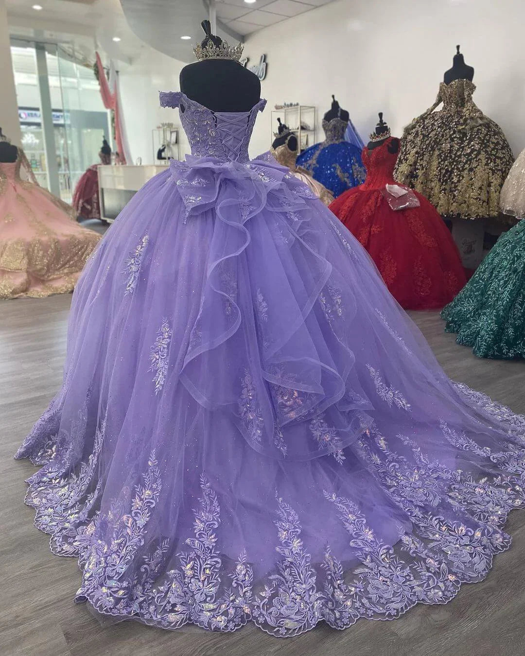 Fliederfarbener Korsett-Mexikanisches Quinceañera-Kleid Ballkleid, Applikationen Spitzen-Geburtstagskleid Y1476
