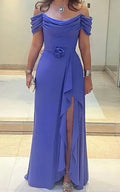 Vestidos de Mãe da Noiva com Fenda Lateral em Alfazema Vestido Plissado para Convidada de Casamento Decote Ombro a Ombro Vestido de Chiffon em Linha A para Noite Y6050