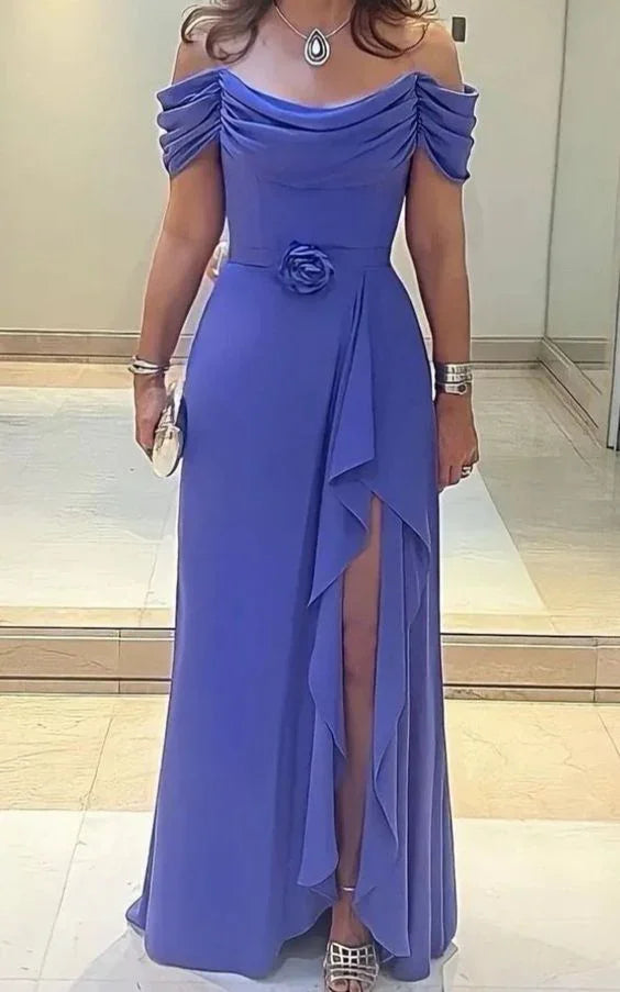 Vestidos de Mãe da Noiva com Fenda Lateral em Alfazema Vestido Plissado para Convidada de Casamento Decote Ombro a Ombro Vestido de Chiffon em Linha A para Noite Y6050