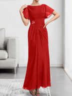 A-line Scoop Illusion Tea-Length Chiffon Lace Mother of the Bride Dress With Beading Sequins
