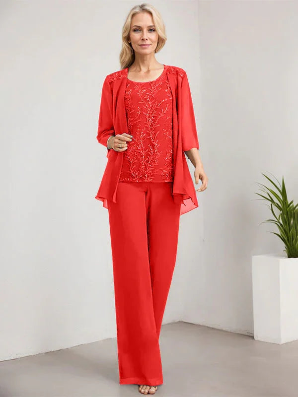 Mono/Pantalón Separado con Escote Redondo, Largo hasta el Suelo, de Encaje y Gasa, Vestido de Madre de la Novia con Lentejuelas