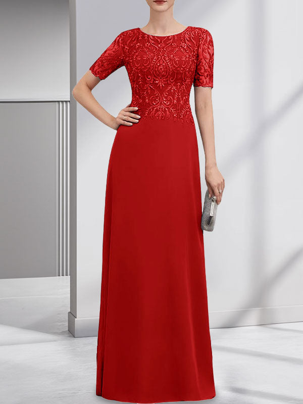 A-line Scoop Floor-Length Lace Chiffon Mother of the Bride Dress With Sequins