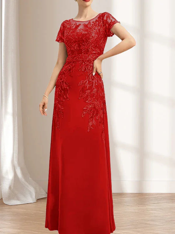 Vestido de madrina de novia con ilusión, corte columna y fajín, largo hasta el suelo, de encaje y gasa con lentejuelas
