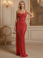 Silver Sequin Cowl Neck Ruched Long Prom Dress With High Slit