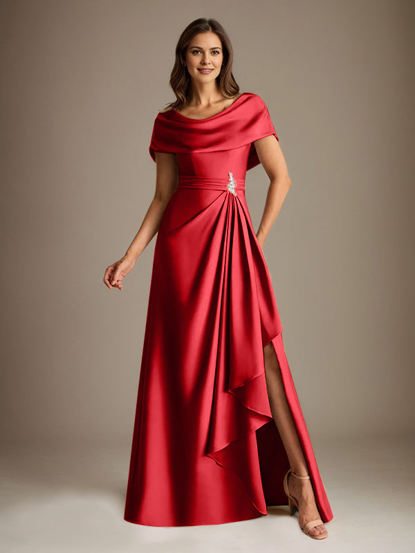 A-Line Scoop Floor-Length Stretch Satin Mother of the Bride Dress With Cascading Ruffles