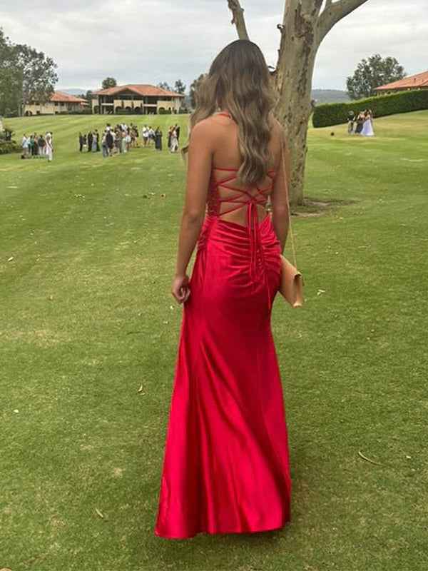 Yellow Satin Mermaid Prom Dress With Scoop Neck Beading Slit