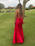 Yellow Satin Mermaid Prom Dress With Scoop Neck Beading Slit