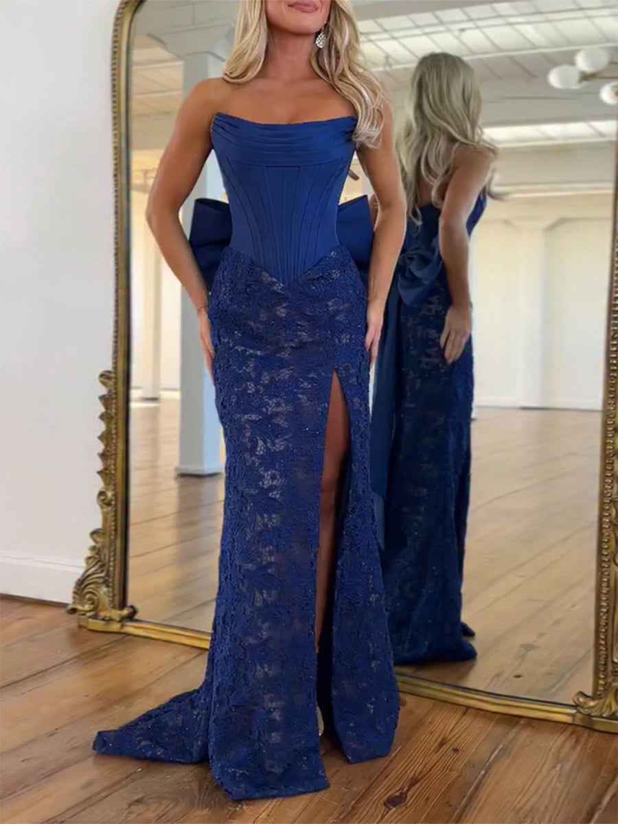 Red Strapless Satin Corset Lace Prom Dress With Oversized Bow