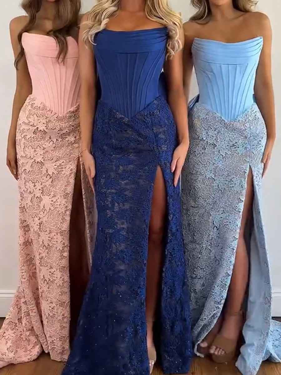 Red Strapless Satin Corset Lace Prom Dress With Oversized Bow