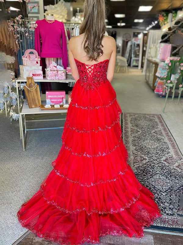 Baby Blue Strapless Corset Bodice Prom Dress With Tiered Ruffles Beadwork Slit