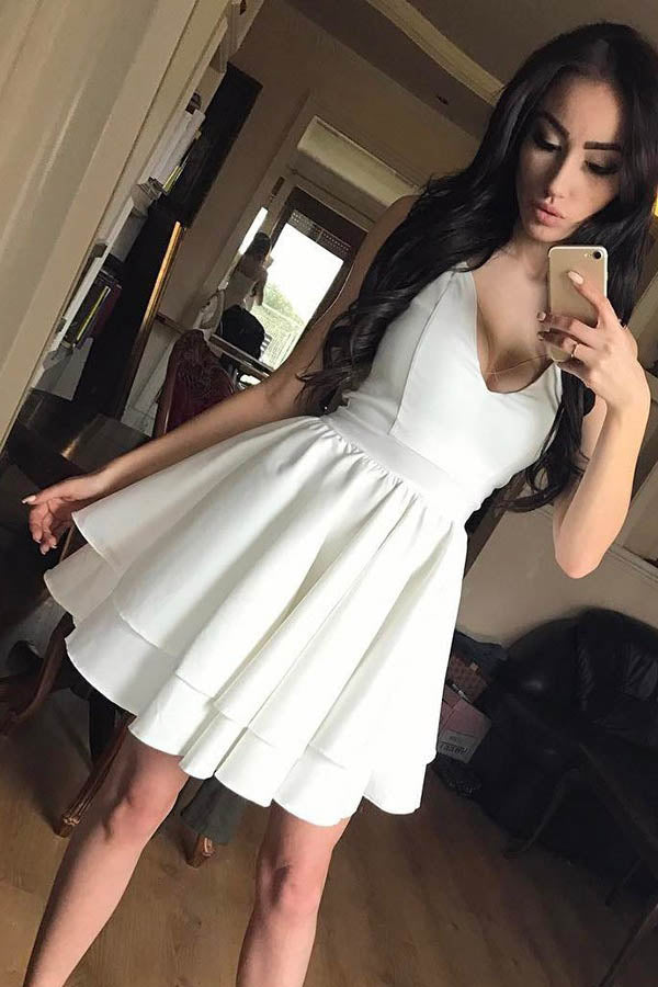 Black Satin A-line V-neck Spaghetti Straps Short Homecoming Dresses