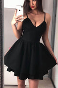 Black Satin A-line V-neck Spaghetti Straps Short Homecoming Dresses