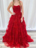 Vestido de baile vermelho com alças finas espartilho tule em camadas com folhos