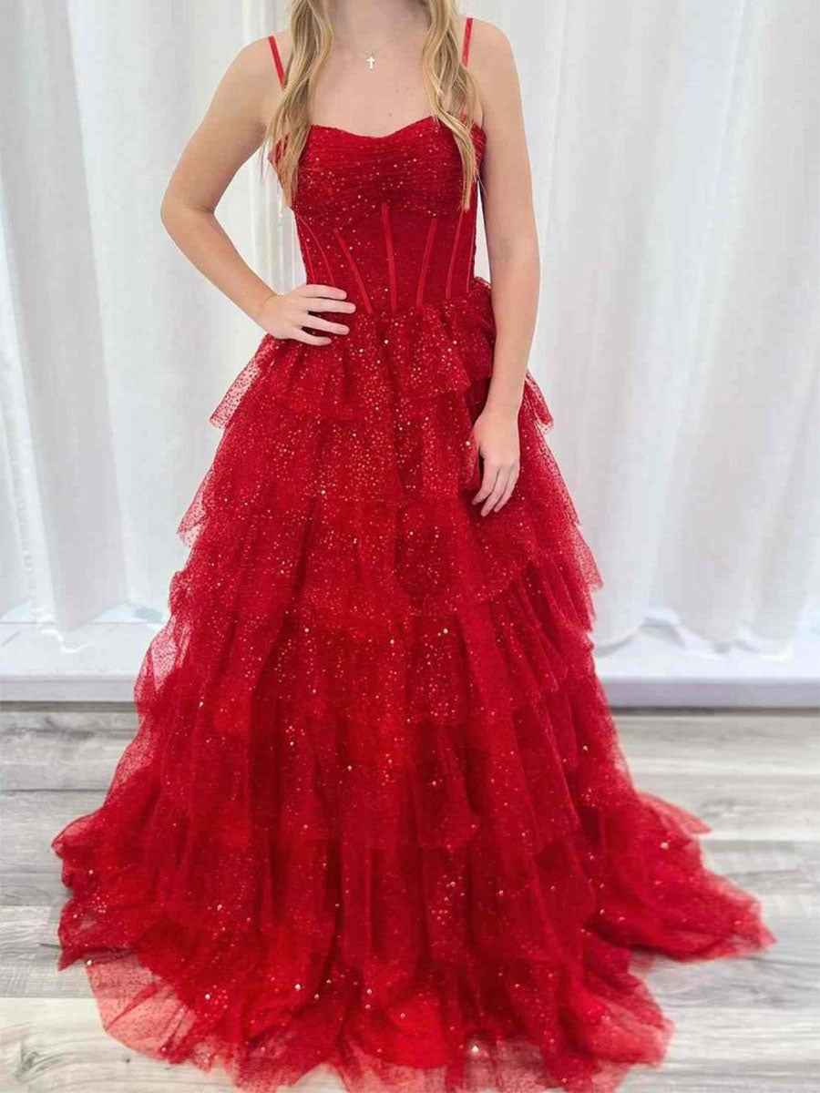 Vestido de baile vermelho com alças finas espartilho tule em camadas com folhos