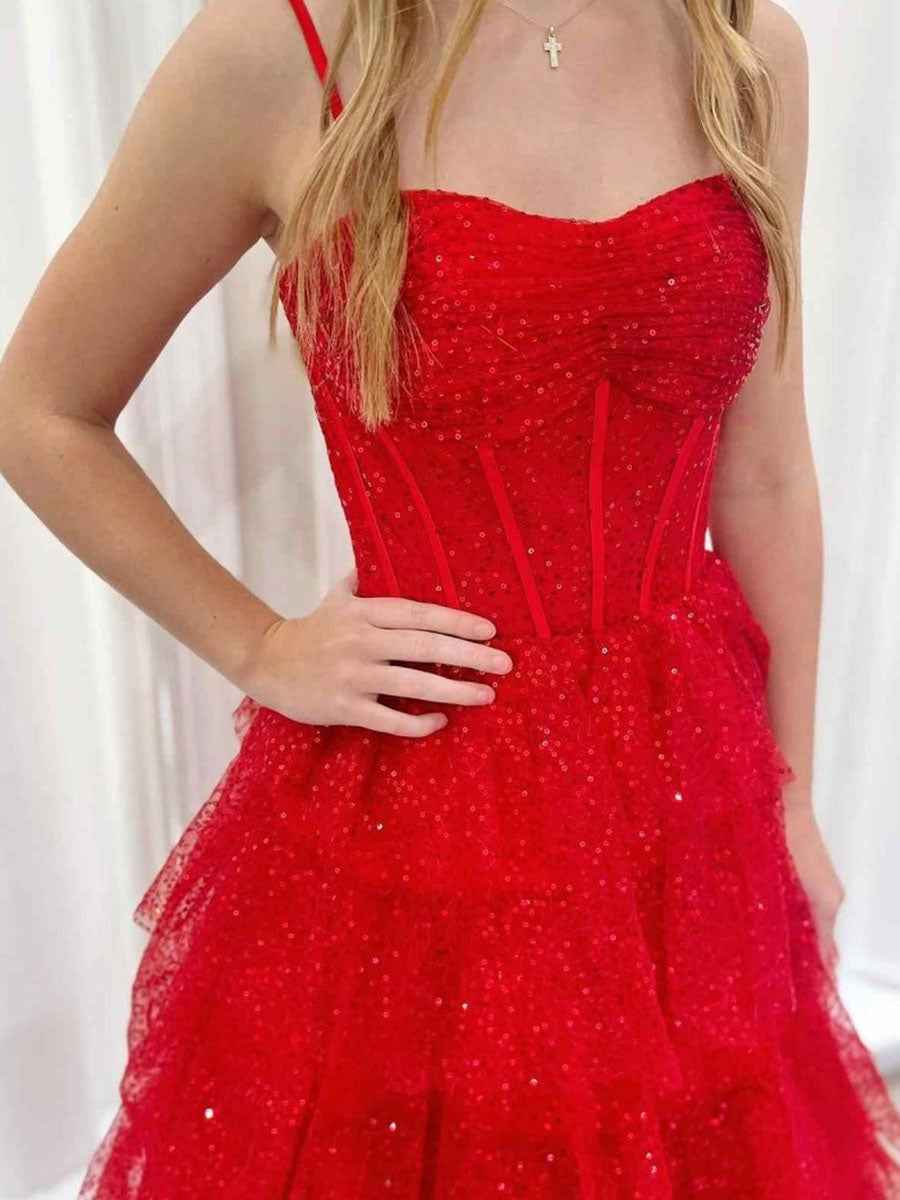 Vestido de baile vermelho com alças finas espartilho tule em camadas com folhos