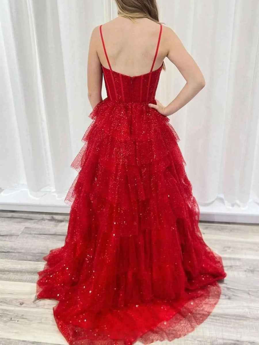 Vestido de baile vermelho com alças finas espartilho tule em camadas com folhos