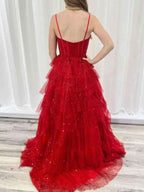 Vestido de baile vermelho com alças finas espartilho tule em camadas com folhos