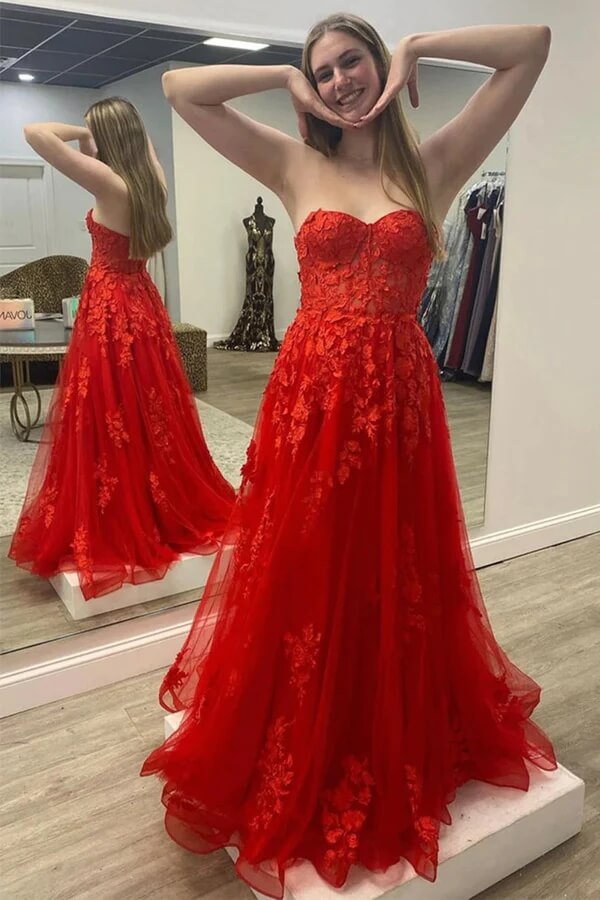 Robes longues de bal bustier en tulle, robe de soirée avec applications en dentelle
