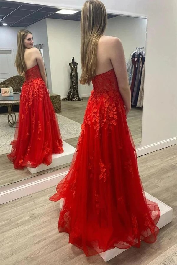 Robes longues de bal bustier en tulle, robe de soirée avec applications en dentelle