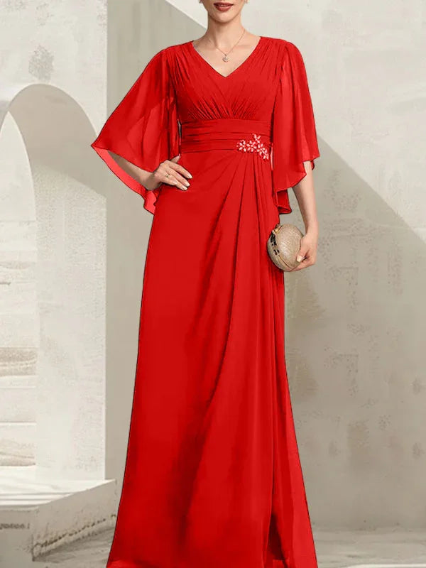 Vestido de madrina de novia de gasa largo hasta el suelo, corte columna y escote en V, con lentejuelas plisadas y abalorios