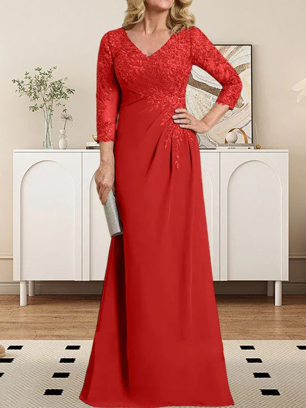 Vestido de madrina de novia con escote en V ilusión, corte columna, largo hasta el suelo, de encaje y gasa con lentejuelas plisadas
