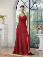 Vestido de Festa Elegante Longo em Linha A com Decote em V, Alças ao Pescoço, Seda Brilhante, Fenda Lateral e Bolso