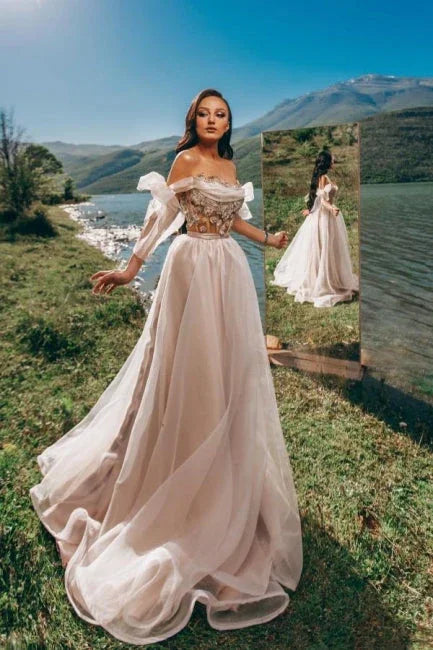 Vestido de Baile Romântico de Jardim com Tule e Decote Ombro a Ombro Estilo Princesa