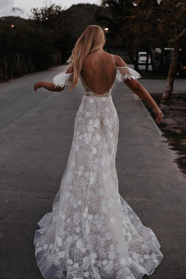 Robes de plage de mariage en dentelle florale à fines bretelles romantiques