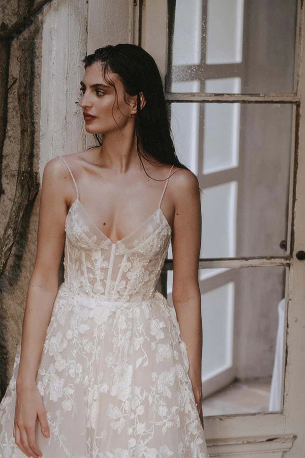 Vestido de Noiva Boémio com Alças Românticas, Decote em V e Aplicações de Renda