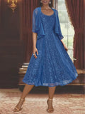 Princess A-Line Tea-Length Mother of the Bride Dress with Scoop Neck Half Sleeves Appliques and Jacket