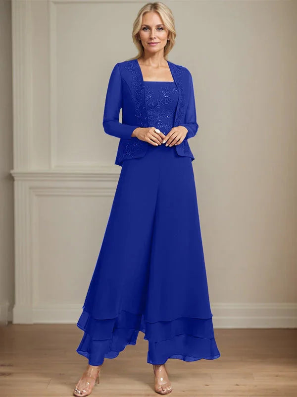 Getrennter Overall/Hosenanzug mit quadratischem Ausschnitt, knöchellang, aus Spitzenchiffon, Brautmutterkleid mit Pailletten