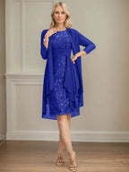 Etui/Säulenförmiges Kleid mit Illusion, knielang, aus Spitze und Chiffon, Brautmutterkleid mit herabfließenden Rüschen und Pailletten